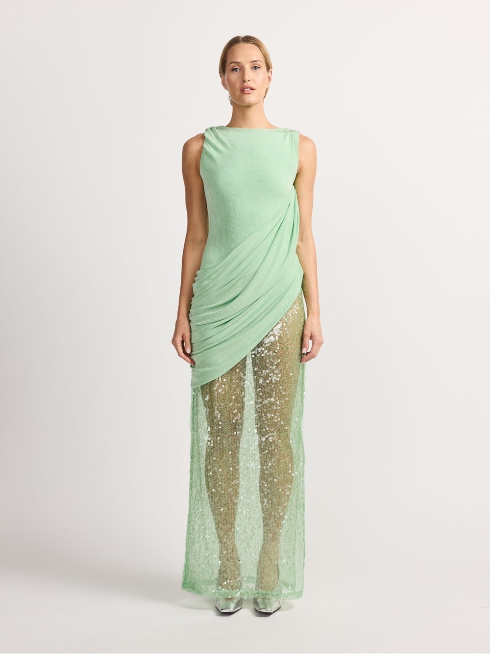 Sleeveless Mint Green Maxi Dress with Draped Bodice and Sequin Skirt